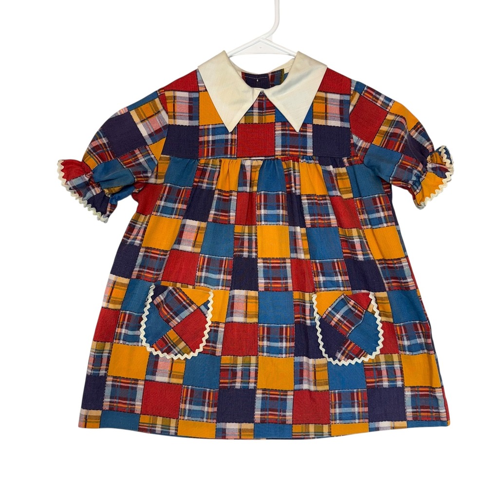 Vintage Kids Patchwork Plaid Dress Handmade Retro‎ Unique 2T/3T